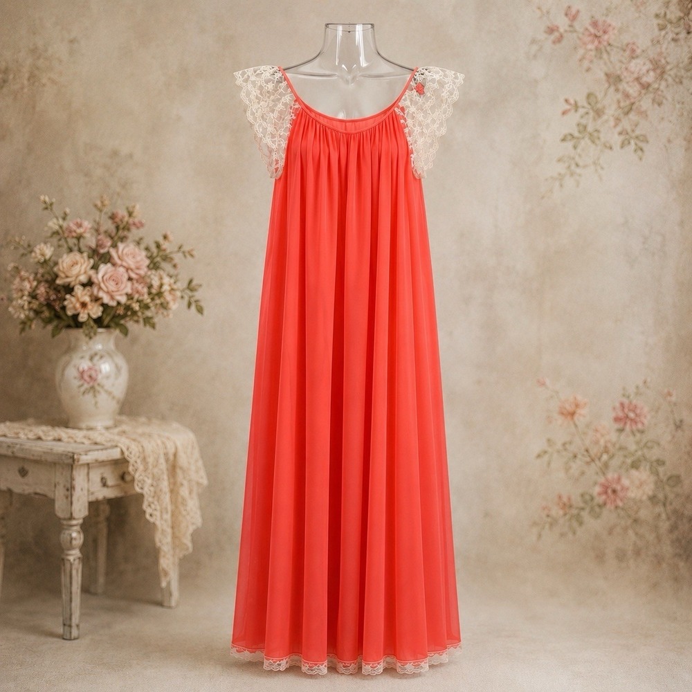 VTG Claire Sandra Lucie Ann Peignoir S Nightgown Coral Sweep Lace Trim 60s